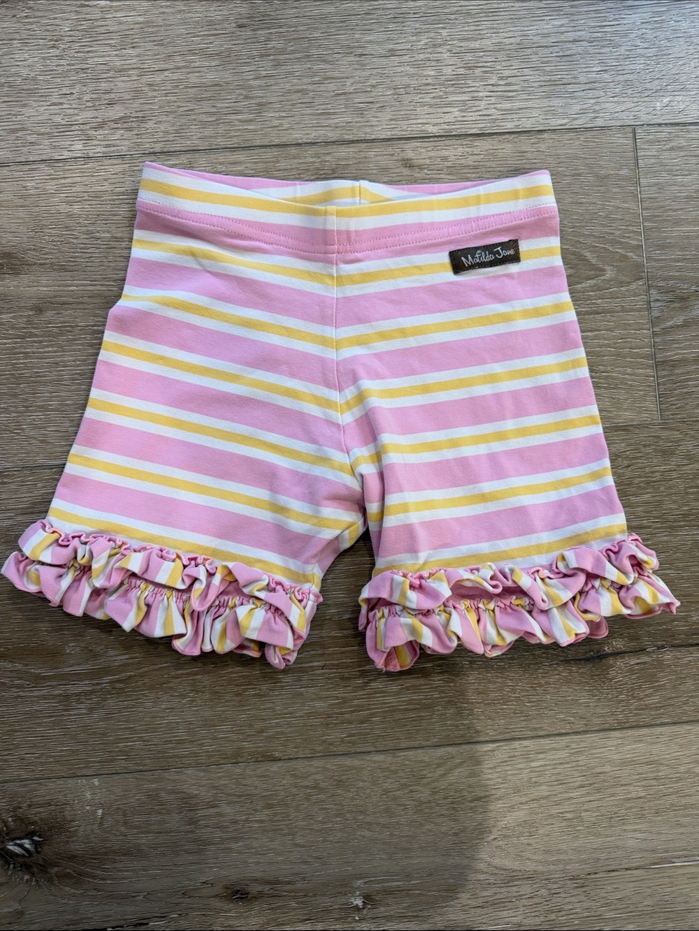 Matilda Jane Pink, Yellow & White Striped Ruffle Knit Shorts